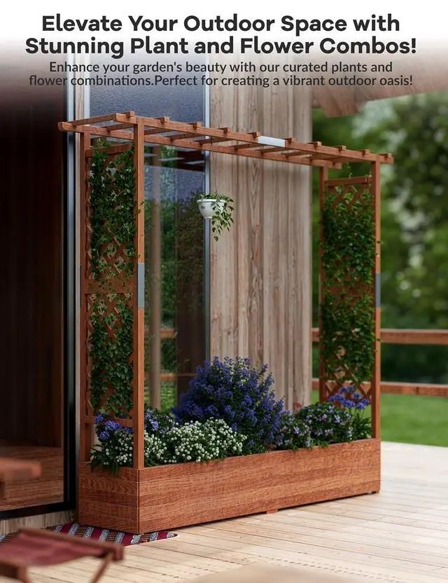 Alt view image 5 of 7 - Patikuin 72" Elevated Wooden Raised Garden Bed with Trellis & Canopy, Freestanding Planter Box with Side Supports & Drainage Holes, Large Vertical Planter for Climbing Plants, Vines, Flowers, Patio