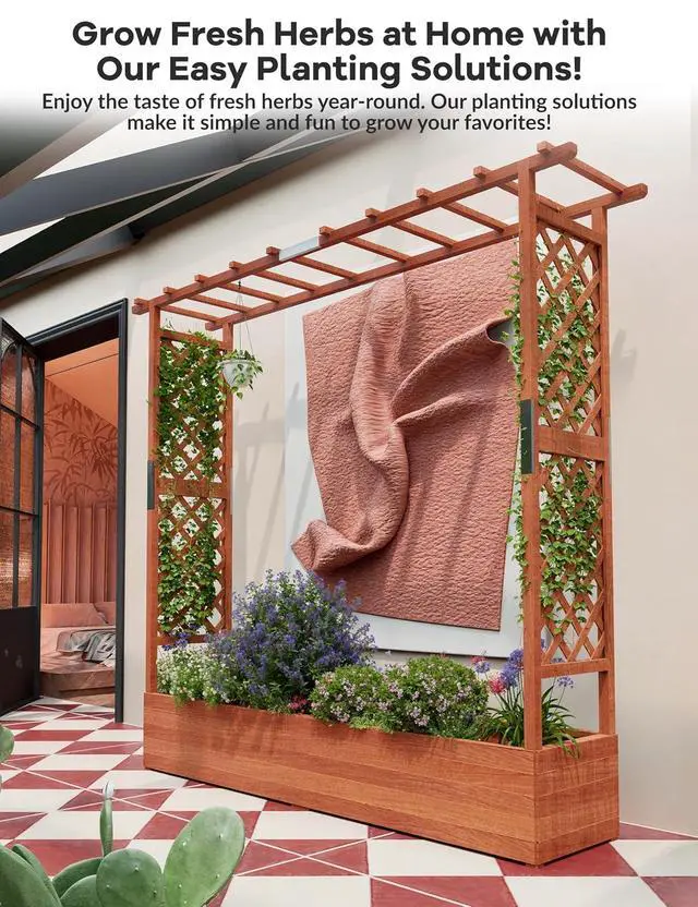 Alt view image 4 of 7 - Patikuin 72" Elevated Wooden Raised Garden Bed with Trellis & Canopy, Freestanding Planter Box with Side Supports & Drainage Holes, Large Vertical Planter for Climbing Plants, Vines, Flowers, Patio