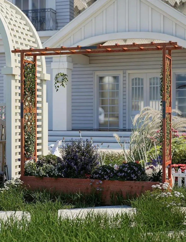 Alt view image 6 of 7 - Patikuin 72" Elevated Wooden Raised Garden Bed with Trellis & Canopy, Freestanding Planter Box with Side Supports & Drainage Holes, Large Vertical Planter for Climbing Plants, Vines, Flowers, Patio