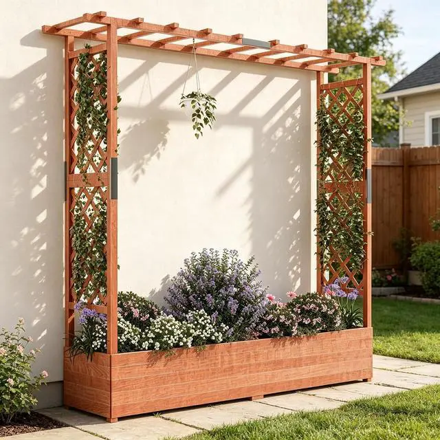 Main image of Patikuin 72" Elevated Wooden Raised Garden Bed with Trellis & Canopy, Freestanding Planter Box with Side Supports & Drainage Holes, Large Vertical Planter for Climbing Plants, Vines, Flowers, Patio
