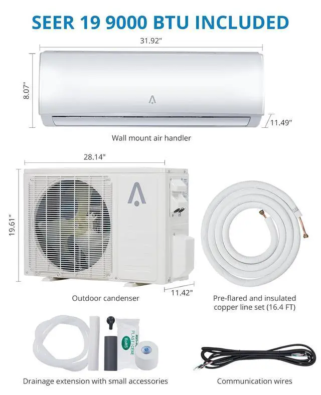 Alt view image 2 of 7 - 9,000 Btus Mini Split AC, 20 SEER2 Wall Mounted AC with Heat Pump & Installation Kits, Ductless Inverter Split-System Air Conditioners Cools Up to 450 Sq.Ft, WIFI and Remote Control, 230V