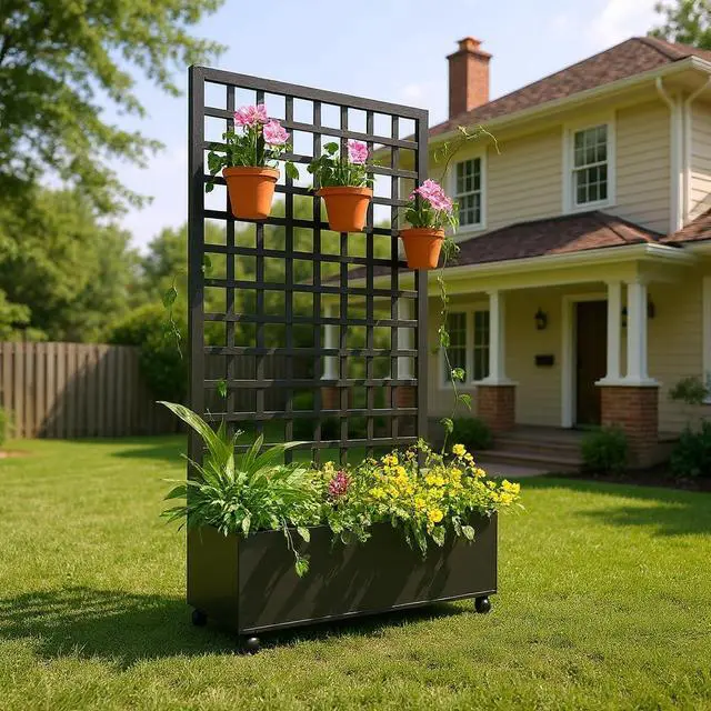 Alt view image 3 of 7 - Patikuin 47" Galvanized Raised Garden Bed with Wheels & Square Lattice Trellis, Large Outdoor Planter Box with Drainage Holes, Privacy Screen & Climbing Plant Support, Black