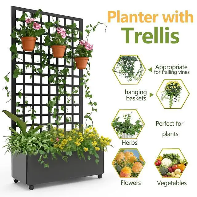Alt view image 2 of 7 - Patikuin 47" Galvanized Raised Garden Bed with Wheels & Square Lattice Trellis, Large Outdoor Planter Box with Drainage Holes, Privacy Screen & Climbing Plant Support, Black