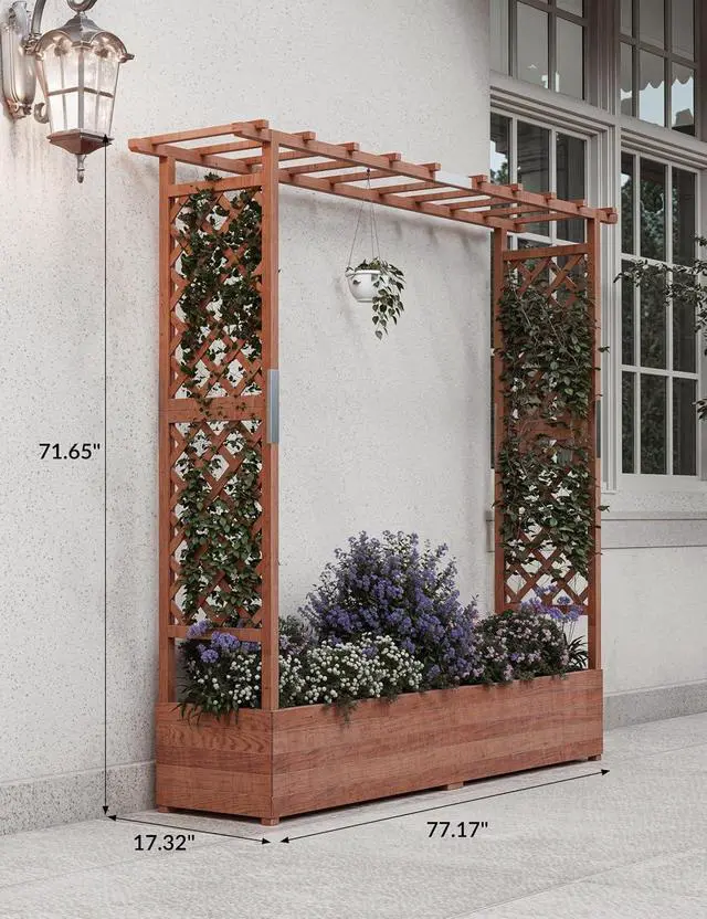 Alt view image 7 of 7 - Patikuin 72" Elevated Wooden Raised Garden Bed with Trellis & Canopy, Freestanding Planter Box with Side Supports & Drainage Holes, Large Vertical Planter for Climbing Plants, Vines, Flowers, Patio