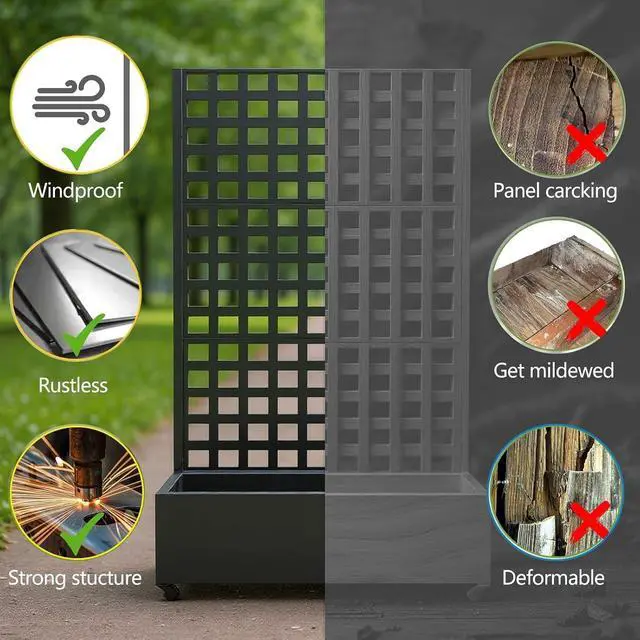 Alt view image 5 of 7 - Patikuin 47" Galvanized Raised Garden Bed with Wheels & Square Lattice Trellis, Large Outdoor Planter Box with Drainage Holes, Privacy Screen & Climbing Plant Support, Black