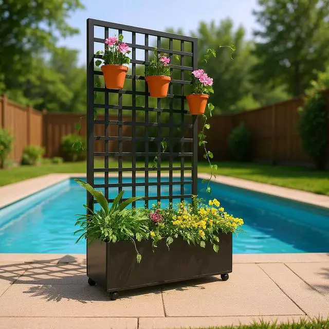 Alt view image 6 of 7 - Patikuin 47" Galvanized Raised Garden Bed with Wheels & Square Lattice Trellis, Large Outdoor Planter Box with Drainage Holes, Privacy Screen & Climbing Plant Support, Black