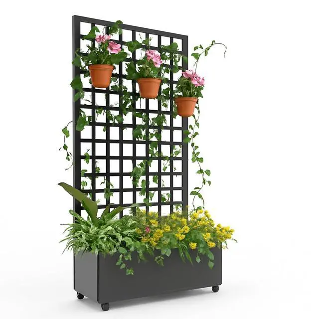 Alt view image 7 of 7 - Patikuin 35" Galvanized Raised Garden Bed with Wheels & Square Lattice Trellis, Large Outdoor Planter Box with Drainage Holes, Privacy Screen & Climbing Plant Support, Black