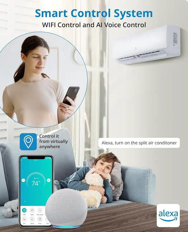 Alt view image 7 of 7 - 9,000 Btus Mini Split AC, 20 SEER2 Wall Mounted AC with Heat Pump & Installation Kits, Ductless Inverter Split-System Air Conditioners Cools Up to 450 Sq.Ft, WIFI and Remote Control, 230V