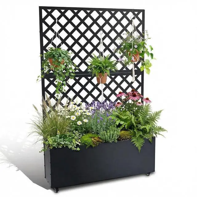 Main image of Patikuin Metal Raised Garden Bed with Trellis Privacy Screen, Mobile Outdoor Planter Box with Drainage Holes & Lockable Wheels, Patio Balcony Yard Climbing Plants, Diagonal Grid, Black