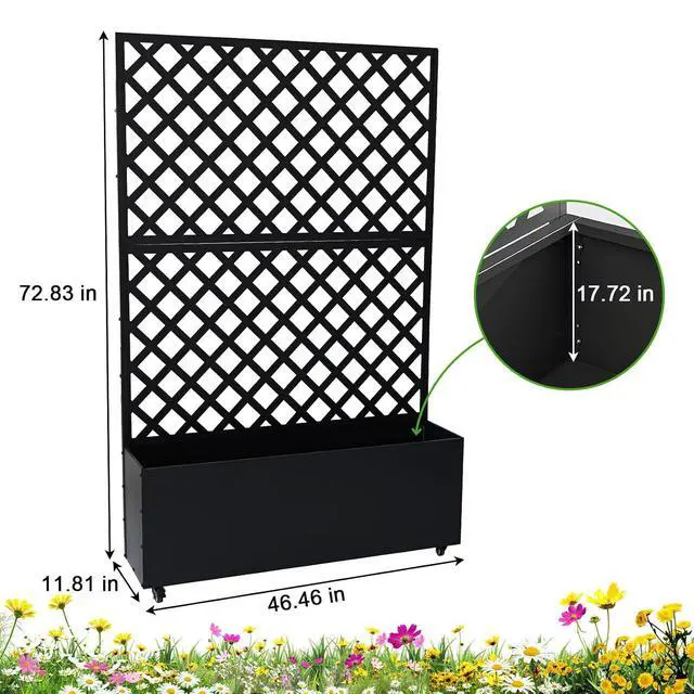 Alt view image 2 of 7 - Patikuin Metal Raised Garden Bed with Trellis Privacy Screen, Mobile Outdoor Planter Box with Drainage Holes & Lockable Wheels, Patio Balcony Yard Climbing Plants, Diagonal Grid, Black