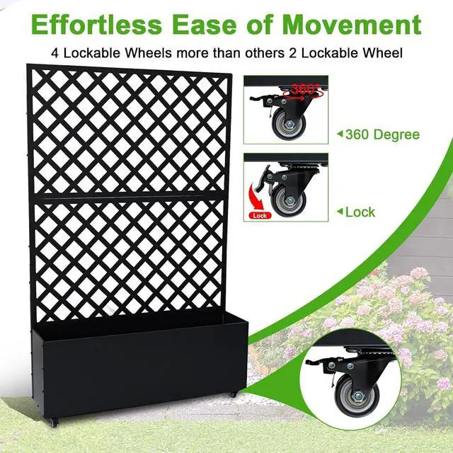Alt view image 4 of 7 - Patikuin Metal Raised Garden Bed with Trellis Privacy Screen, Mobile Outdoor Planter Box with Drainage Holes & Lockable Wheels, Patio Balcony Yard Climbing Plants, Diagonal Grid, Black