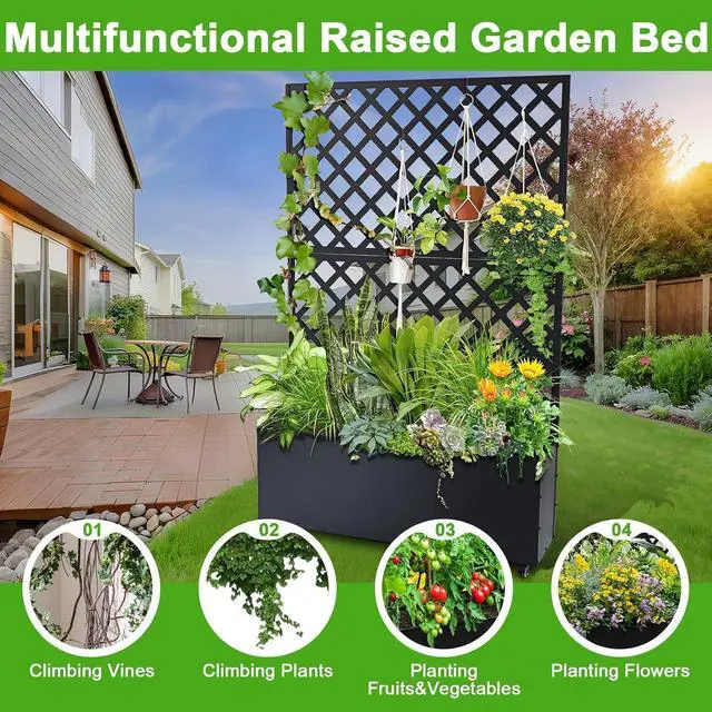 Alt view image 3 of 7 - Patikuin Metal Raised Garden Bed with Trellis Privacy Screen, Mobile Outdoor Planter Box with Drainage Holes & Lockable Wheels, Patio Balcony Yard Climbing Plants, Diagonal Grid, Black