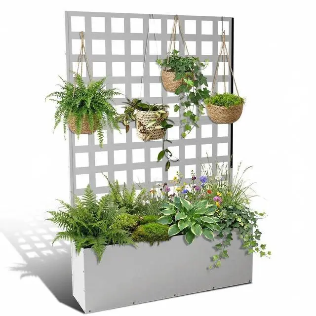 Main image of Patikuin Metal Raised Garden Bed with Trellis Privacy Screen, Mobile Outdoor Planter Box with Drainage Holes, Patio Balcony Yard Climbing Plants, No Wheels & White