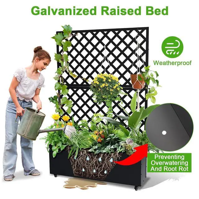 Alt view image 7 of 7 - Patikuin Metal Raised Garden Bed with Trellis Privacy Screen, Mobile Outdoor Planter Box with Drainage Holes & Lockable Wheels, Patio Balcony Yard Climbing Plants, Diagonal Grid, Black