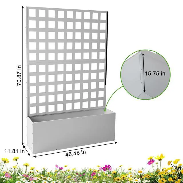 Alt view image 2 of 7 - Patikuin Metal Raised Garden Bed with Trellis Privacy Screen, Mobile Outdoor Planter Box with Drainage Holes, Patio Balcony Yard Climbing Plants, No Wheels & White