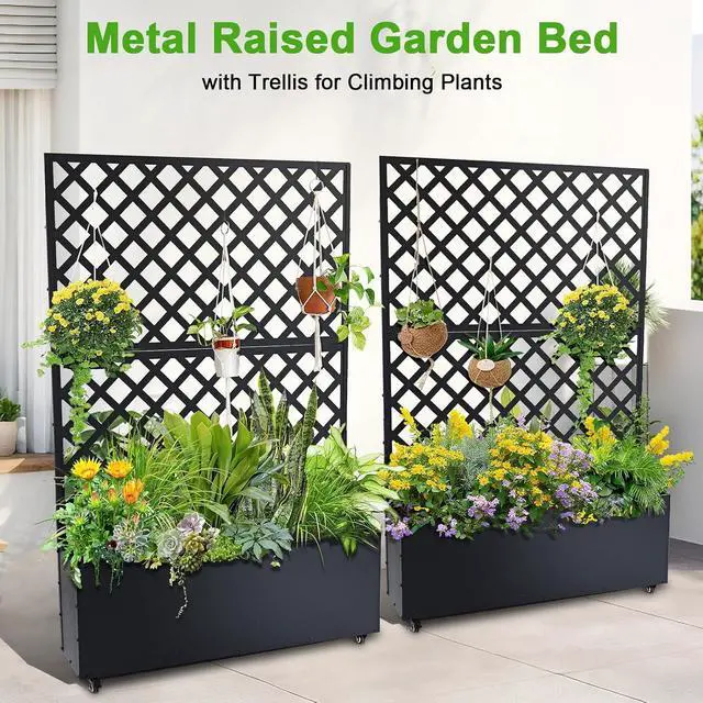 Alt view image 6 of 7 - Patikuin Metal Raised Garden Bed with Trellis Privacy Screen, Mobile Outdoor Planter Box with Drainage Holes & Lockable Wheels, Patio Balcony Yard Climbing Plants, Diagonal Grid, Black