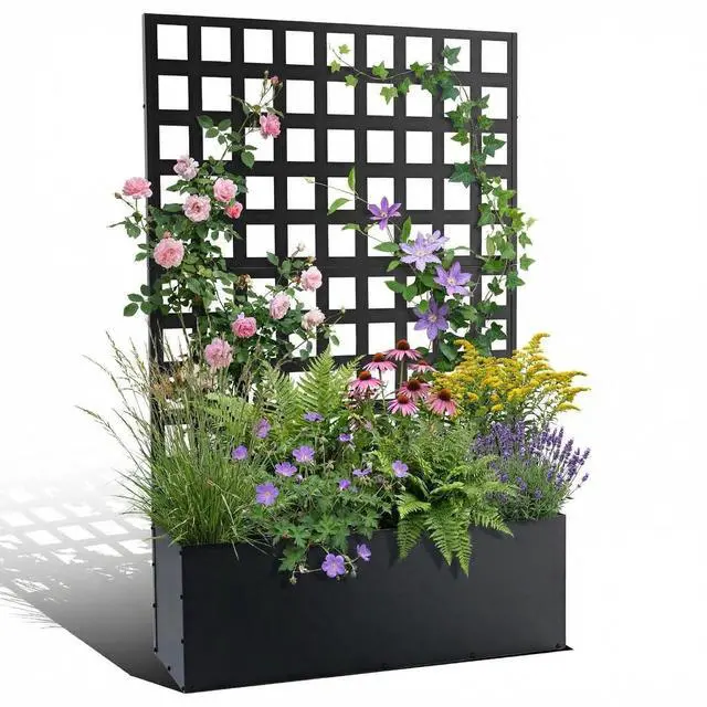 Main image of Patikuin Metal Raised Garden Bed with Trellis Privacy Screen, Mobile Outdoor Planter Box with Drainage Holes, Patio Balcony Yard Climbing Plants, No Wheels & Black