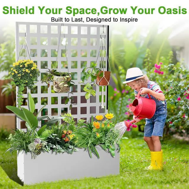 Alt view image 4 of 7 - Patikuin Metal Raised Garden Bed with Trellis Privacy Screen, Mobile Outdoor Planter Box with Drainage Holes, Patio Balcony Yard Climbing Plants, No Wheels & White