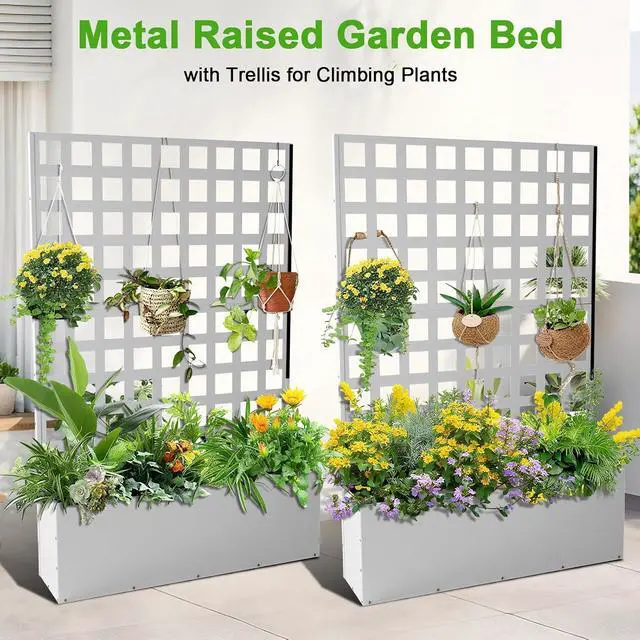 Alt view image 5 of 7 - Patikuin Metal Raised Garden Bed with Trellis Privacy Screen, Mobile Outdoor Planter Box with Drainage Holes, Patio Balcony Yard Climbing Plants, No Wheels & White