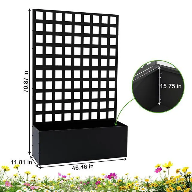 Alt view image 2 of 7 - Patikuin Metal Raised Garden Bed with Trellis Privacy Screen, Mobile Outdoor Planter Box with Drainage Holes, Patio Balcony Yard Climbing Plants, No Wheels & Black