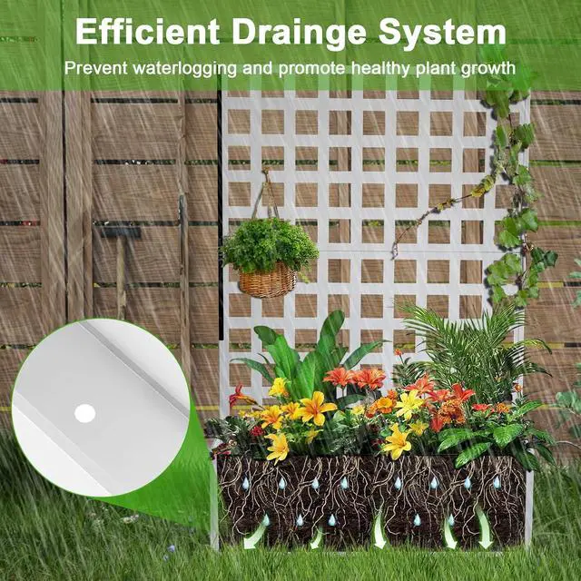 Alt view image 7 of 7 - Patikuin Metal Raised Garden Bed with Trellis Privacy Screen, Mobile Outdoor Planter Box with Drainage Holes, Patio Balcony Yard Climbing Plants, No Wheels & White