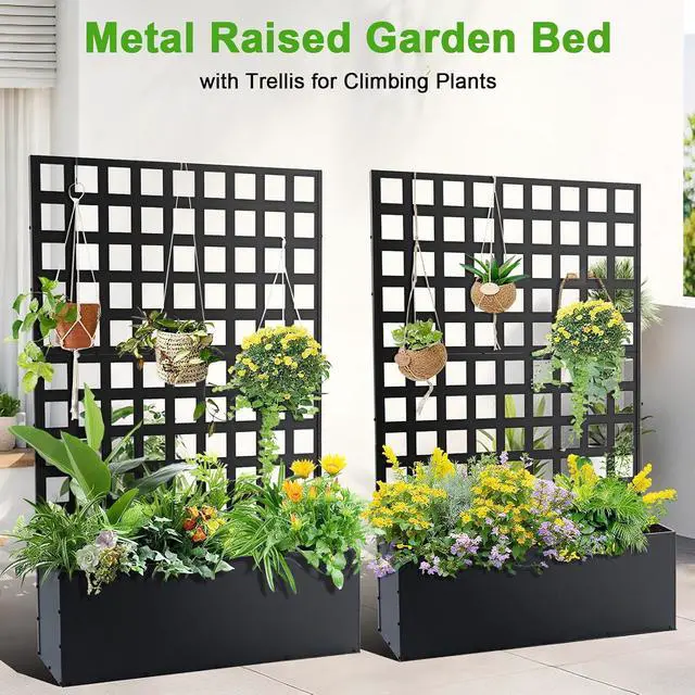 Alt view image 5 of 7 - Patikuin Metal Raised Garden Bed with Trellis Privacy Screen, Mobile Outdoor Planter Box with Drainage Holes, Patio Balcony Yard Climbing Plants, No Wheels & Black