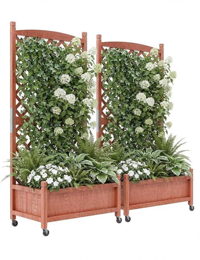 Main image of Patikuin 61.5" Wooden Raised Planter Box with Lattice Trellis & Locking Wheels, Freestanding Vertical Garden Bed, Drainage, Mobile for Outdoor/Indoor Use, Ideal for Climbing Plants