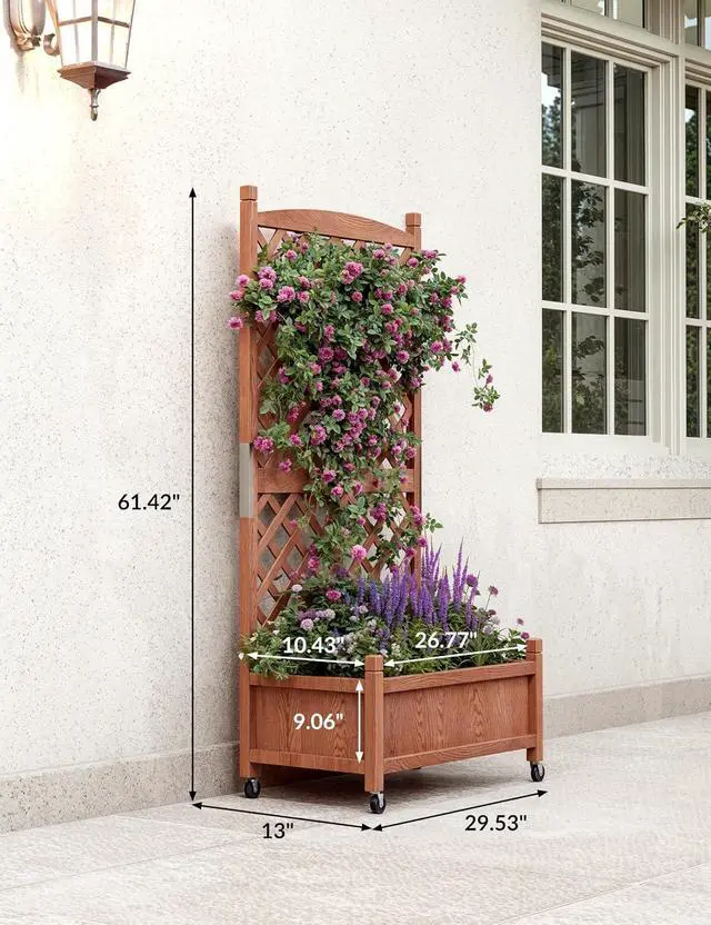 Alt view image 2 of 7 - Patikuin 61.5" Wooden Raised Planter Box with Lattice Trellis & Locking Wheels, Freestanding Vertical Garden Bed, Drainage, Mobile for Outdoor/Indoor Use, Ideal for Climbing Plants