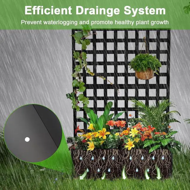 Alt view image 7 of 7 - Patikuin Metal Raised Garden Bed with Trellis Privacy Screen, Mobile Outdoor Planter Box with Drainage Holes, Patio Balcony Yard Climbing Plants, No Wheels & Black