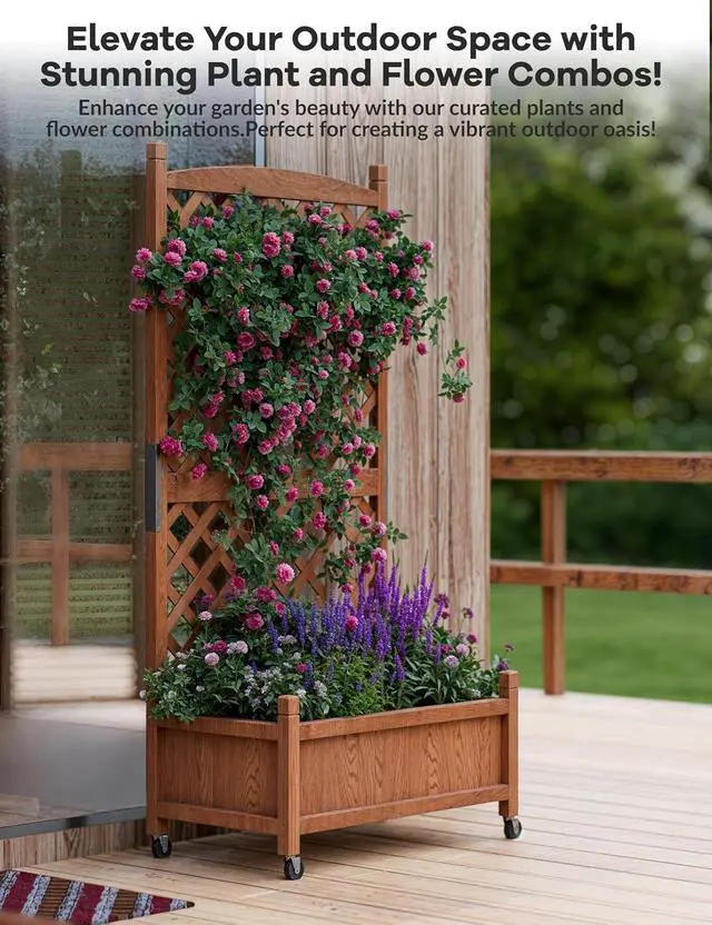 Alt view image 3 of 7 - Patikuin 61.5" Wooden Raised Planter Box with Lattice Trellis & Locking Wheels, Freestanding Vertical Garden Bed, Drainage, Mobile for Outdoor/Indoor Use, Ideal for Climbing Plants