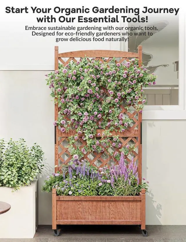 Alt view image 4 of 7 - Patikuin 61.5" Wooden Raised Planter Box with Lattice Trellis & Locking Wheels, Freestanding Vertical Garden Bed, Drainage, Mobile for Outdoor/Indoor Use, Ideal for Climbing Plants