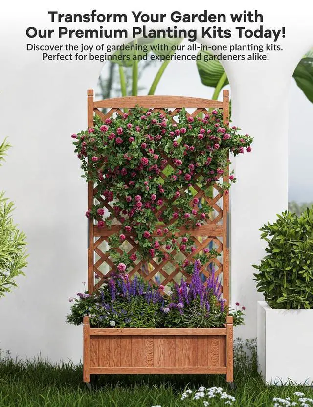 Alt view image 5 of 7 - Patikuin 61.5" Wooden Raised Planter Box with Lattice Trellis & Locking Wheels, Freestanding Vertical Garden Bed, Drainage, Mobile for Outdoor/Indoor Use, Ideal for Climbing Plants