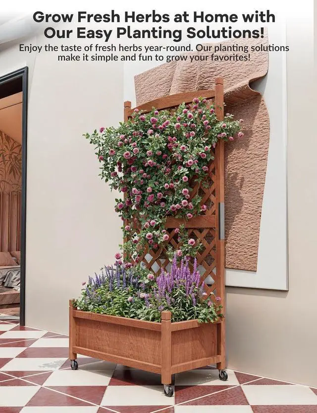 Alt view image 6 of 7 - Patikuin 61.5" Wooden Raised Planter Box with Lattice Trellis & Locking Wheels, Freestanding Vertical Garden Bed, Drainage, Mobile for Outdoor/Indoor Use, Ideal for Climbing Plants