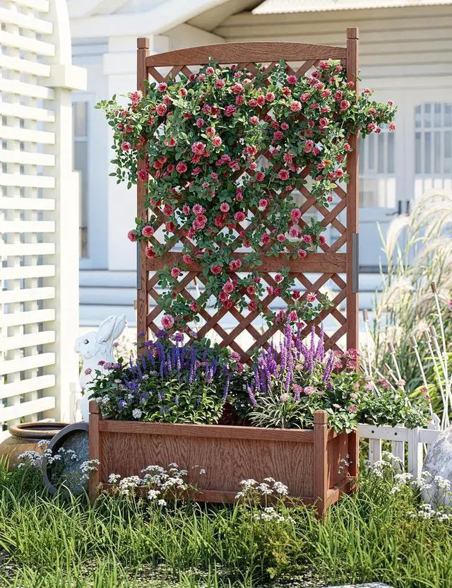Alt view image 7 of 7 - Patikuin 61.5" Wooden Raised Planter Box with Lattice Trellis & Locking Wheels, Freestanding Vertical Garden Bed, Drainage, Mobile for Outdoor/Indoor Use, Ideal for Climbing Plants