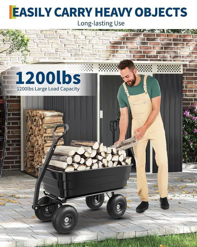 Alt view image 2 of 6 - Patikuin 1200 Lbs Heavy Duty Garden Dump Cart, 4 Cu ft Rust-Resistant Poly Utility Wagon with 10-Inch All-Terrain Pneumatic Tires and Quick-Release Dumping for Yard, Lawn, and Landscaping