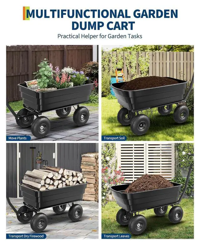 Alt view image 3 of 6 - Patikuin 1200 Lbs Heavy Duty Garden Dump Cart, 4 Cu ft Rust-Resistant Poly Utility Wagon with 10-Inch All-Terrain Pneumatic Tires and Quick-Release Dumping for Yard, Lawn, and Landscaping