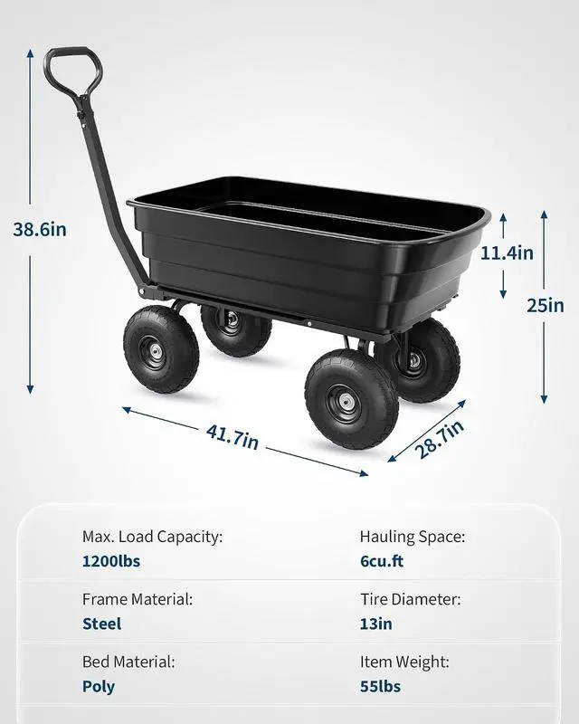 Alt view image 6 of 6 - Patikuin 1200 Lbs Heavy Duty Garden Dump Cart, 4 Cu ft Rust-Resistant Poly Utility Wagon with 10-Inch All-Terrain Pneumatic Tires and Quick-Release Dumping for Yard, Lawn, and Landscaping