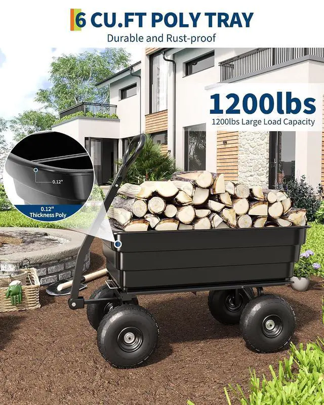 Alt view image 4 of 6 - Patikuin 1200 Lbs Heavy Duty Garden Dump Cart, 4 Cu ft Rust-Resistant Poly Utility Wagon with 10-Inch All-Terrain Pneumatic Tires and Quick-Release Dumping for Yard, Lawn, and Landscaping