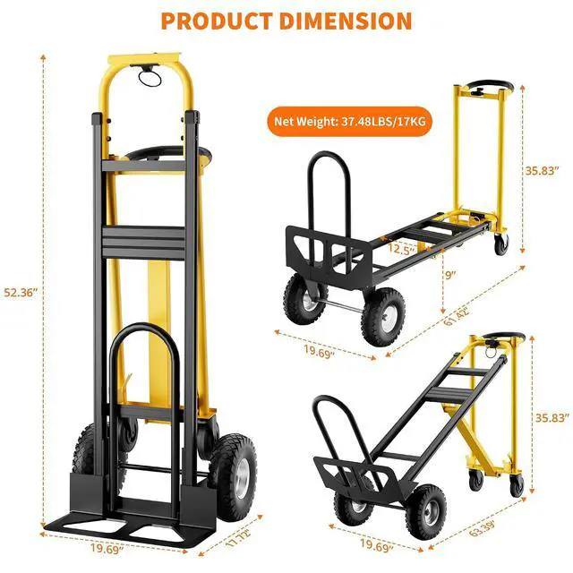 Alt view image 6 of 6 - Patikuin 3-in-1 Folding Hand Truck & Dolly Cart, 800LB Capacity Heavy Duty Convertible Dolly with Wheels & 2 Elastic Straps, Carbon Steel Moving Truck for Furniture, Household, Warehouse