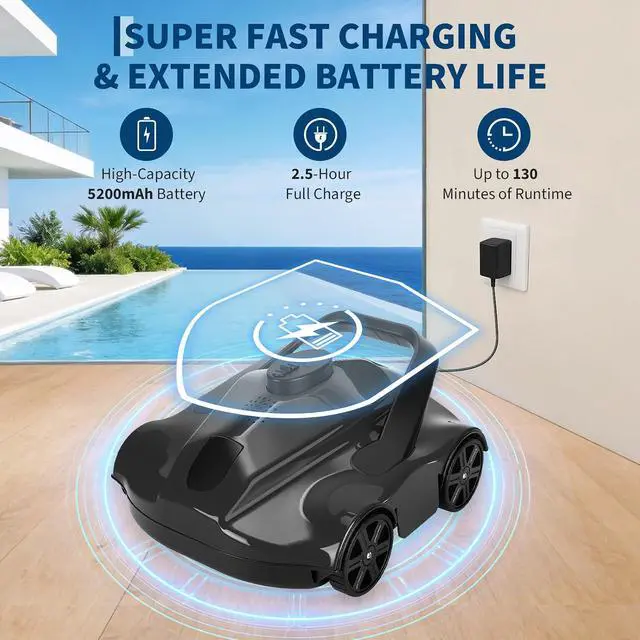 Alt view image 2 of 7 - Battery-Operated Robotic Pool Suction Cleaner 130-Min Runtime, Powerful Suction, Self-Parking, Efficient Filtration, Lightweight and Portable for Above Ground Flat Pools up to 860 Sq.Ft - Black