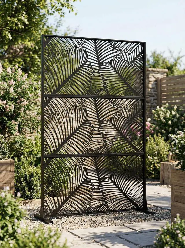 Main image of Patikuin Metal Privacy Screen with Stand, Decorative Outdoor Room Divider Panels, Freestanding Patio Partition for Deck, Balcony, Garden, Indoor & Outdoor Use, Foliage Pattern