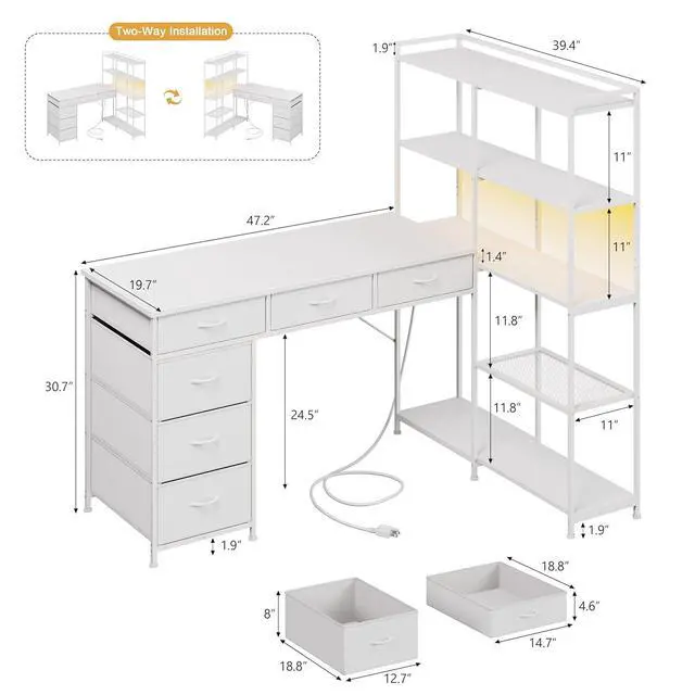 Alt view image 2 of 7 - Spacious L-Shaped Computer Desk with 6 Drawers, 5-Tier Open Storage Shelves, Power Outlets & LED Lights Modern Corner Workstation for Home Office, Sturdy Wooden Table, White Embossed Finish