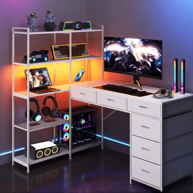 Main image of Spacious L-Shaped Computer Desk with 6 Drawers, 5-Tier Open Storage Shelves, Power Outlets & LED Lights Modern Corner Workstation for Home Office, Sturdy Wooden Table, White Embossed Finish