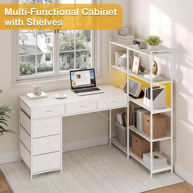 Alt view image 3 of 7 - Spacious L-Shaped Computer Desk with 6 Drawers, 5-Tier Open Storage Shelves, Power Outlets & LED Lights Modern Corner Workstation for Home Office, Sturdy Wooden Table, White Embossed Finish