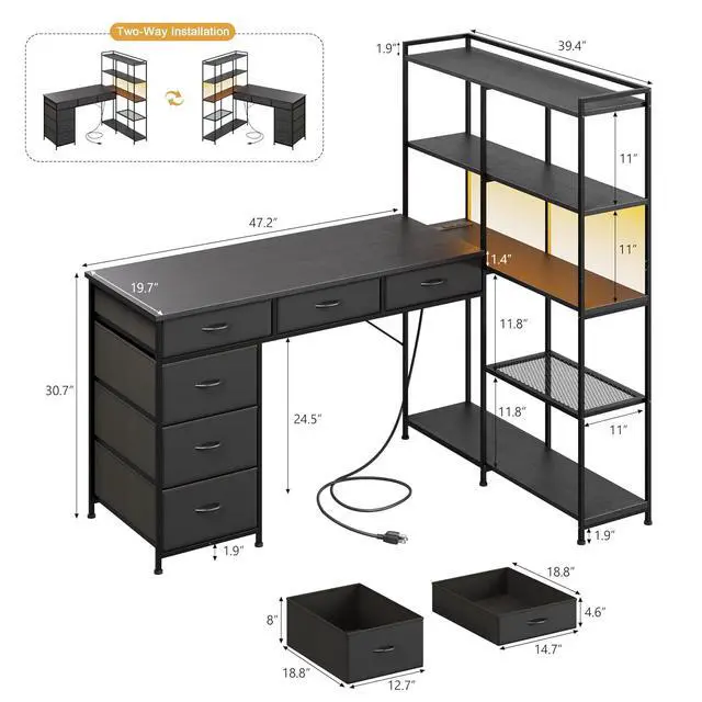 Alt view image 2 of 7 - Patikuin Spacious L-Shaped Computer Desk with 6 Fabric Drawers, 5-Tier Open Storage Shelves, Power Outlets & LED Lights Modern Corner Gaming Workstation, Sturdy PC Table for Home Office, Black