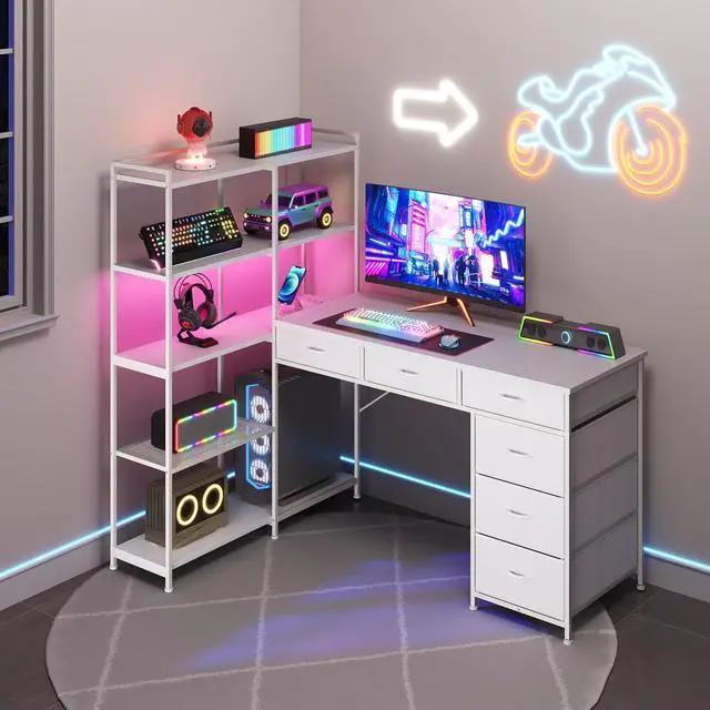 Alt view image 7 of 7 - Spacious L-Shaped Computer Desk with 6 Drawers, 5-Tier Open Storage Shelves, Power Outlets & LED Lights Modern Corner Workstation for Home Office, Sturdy Wooden Table, White Embossed Finish