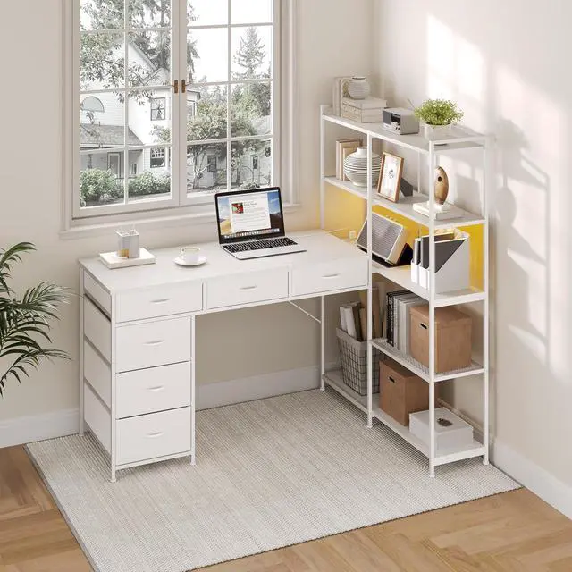 Alt view image 5 of 7 - Spacious L-Shaped Computer Desk with 6 Drawers, 5-Tier Open Storage Shelves, Power Outlets & LED Lights Modern Corner Workstation for Home Office, Sturdy Wooden Table, White Embossed Finish