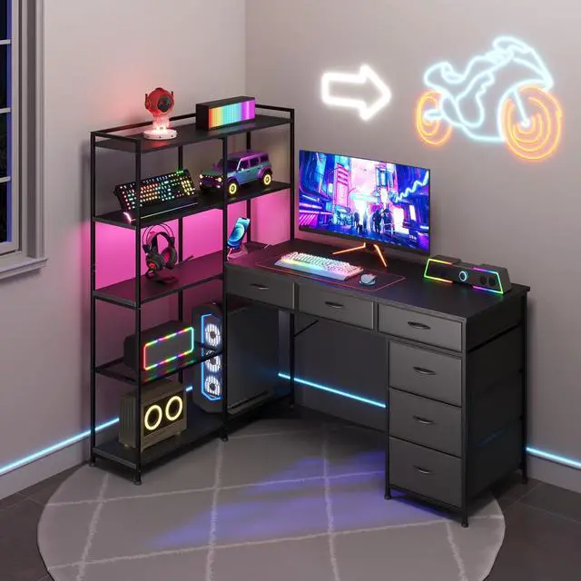 Alt view image 3 of 7 - Patikuin Spacious L-Shaped Computer Desk with 6 Fabric Drawers, 5-Tier Open Storage Shelves, Power Outlets & LED Lights Modern Corner Gaming Workstation, Sturdy PC Table for Home Office, Black