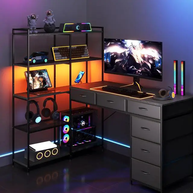 Main image of Patikuin Spacious L-Shaped Computer Desk with 6 Fabric Drawers, 5-Tier Open Storage Shelves, Power Outlets & LED Lights Modern Corner Gaming Workstation, Sturdy PC Table for Home Office, Black