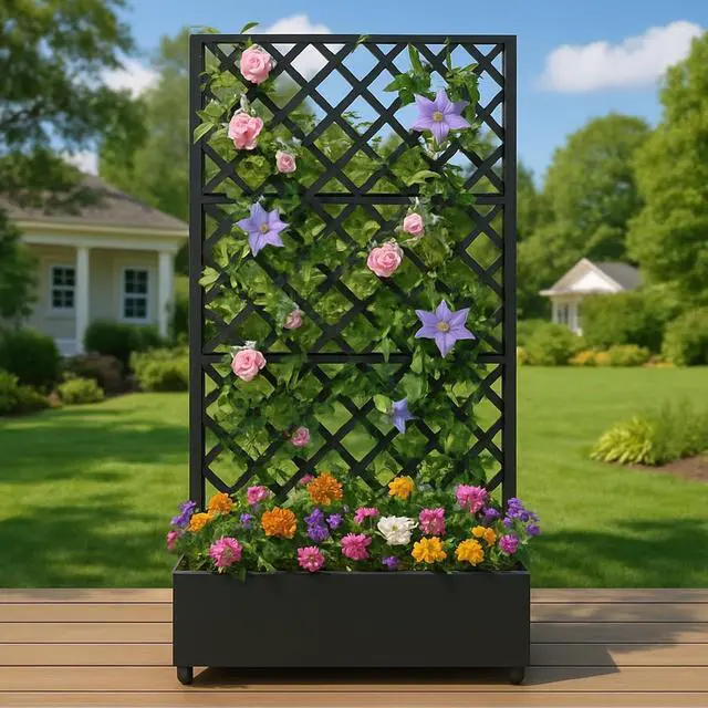 Alt view image 4 of 7 - Patikuin 72" Metal Raised Planter Box with Diamond Trellis & Lockable Wheels, Deep Galvanized Garden Bed with Privacy Screen & Drainage Holes, Black
